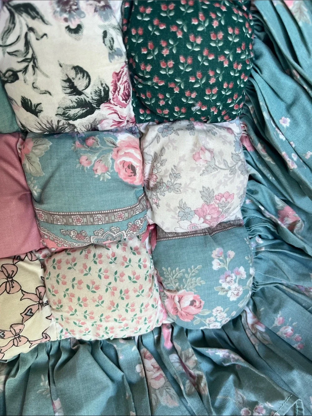 Handmade Pink & Teal Puff Quilt - Floral Patchwork